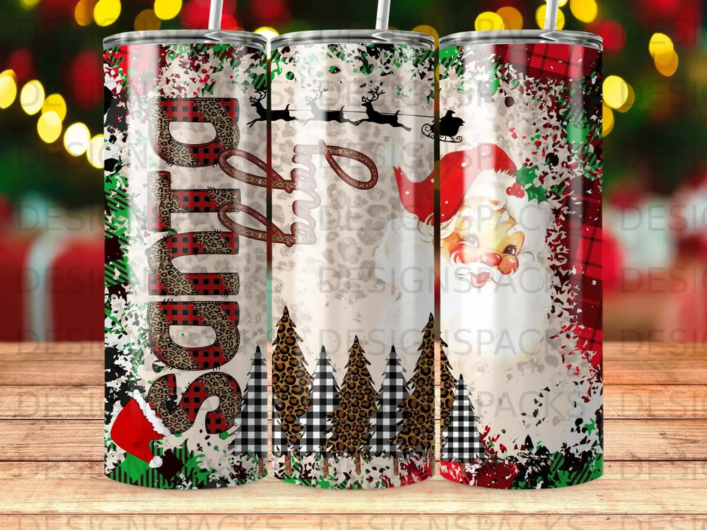 Santa Claus and plaid pattern on a tumbler.