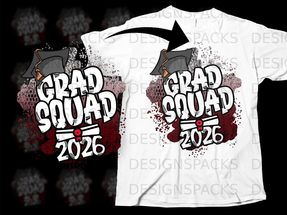Grad Squad 2026 design with graduation cap on a white t-shirt.
