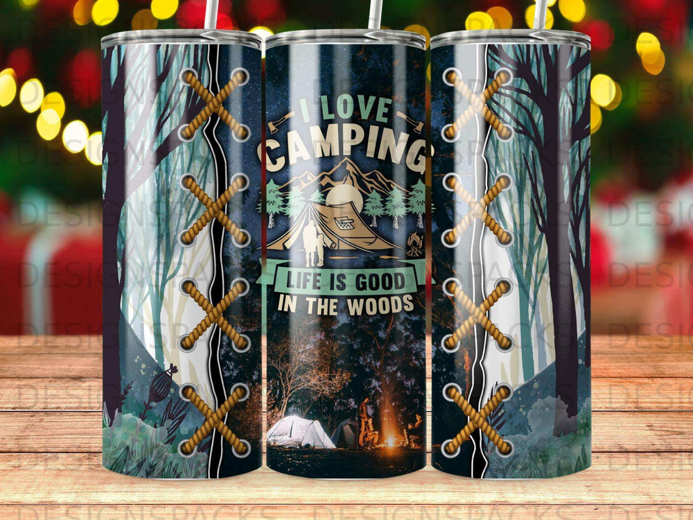 Tumbler with "I Love Camping" text, tent, campfire, and trees.