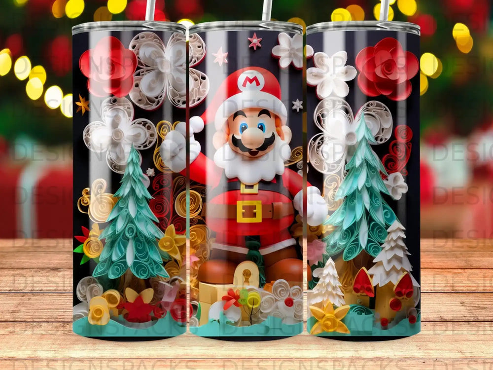 Super Mario character in festive attire with Christmas trees and presents.
