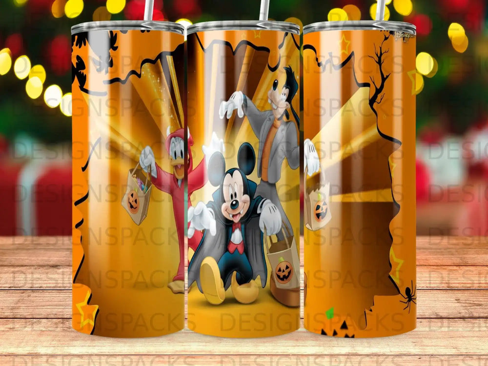 Mickey Mouse, Donald Duck, and Goofy in Halloween costumes on tumblers.