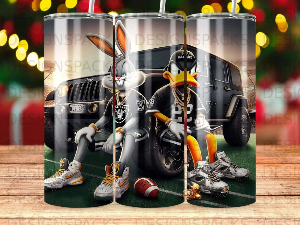 Bugs Bunny and Daffy Duck in Raiders jerseys with a Jeep and football.