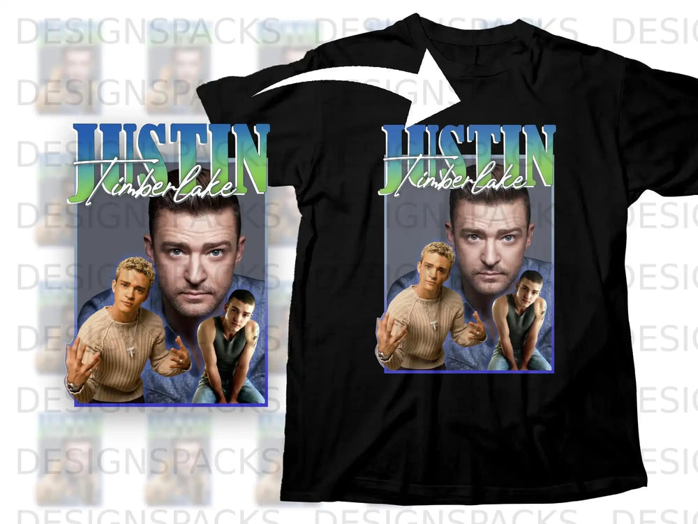 Black t-shirt featuring a green graphic with Justin Timberlake's name and portrait.