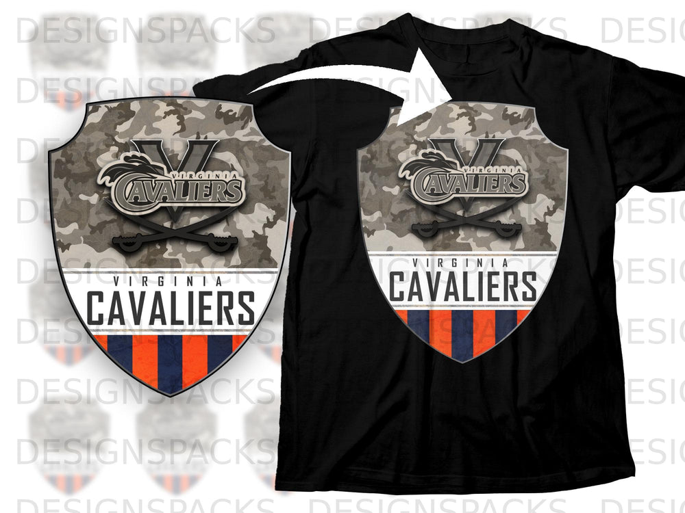 Black t-shirt with Virginia Cavaliers shield logo featuring camouflage and crossed swords.