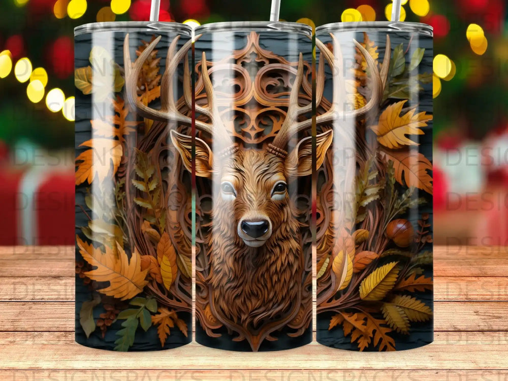 Deer head with wood carving and autumn leaves pattern on a tumbler.