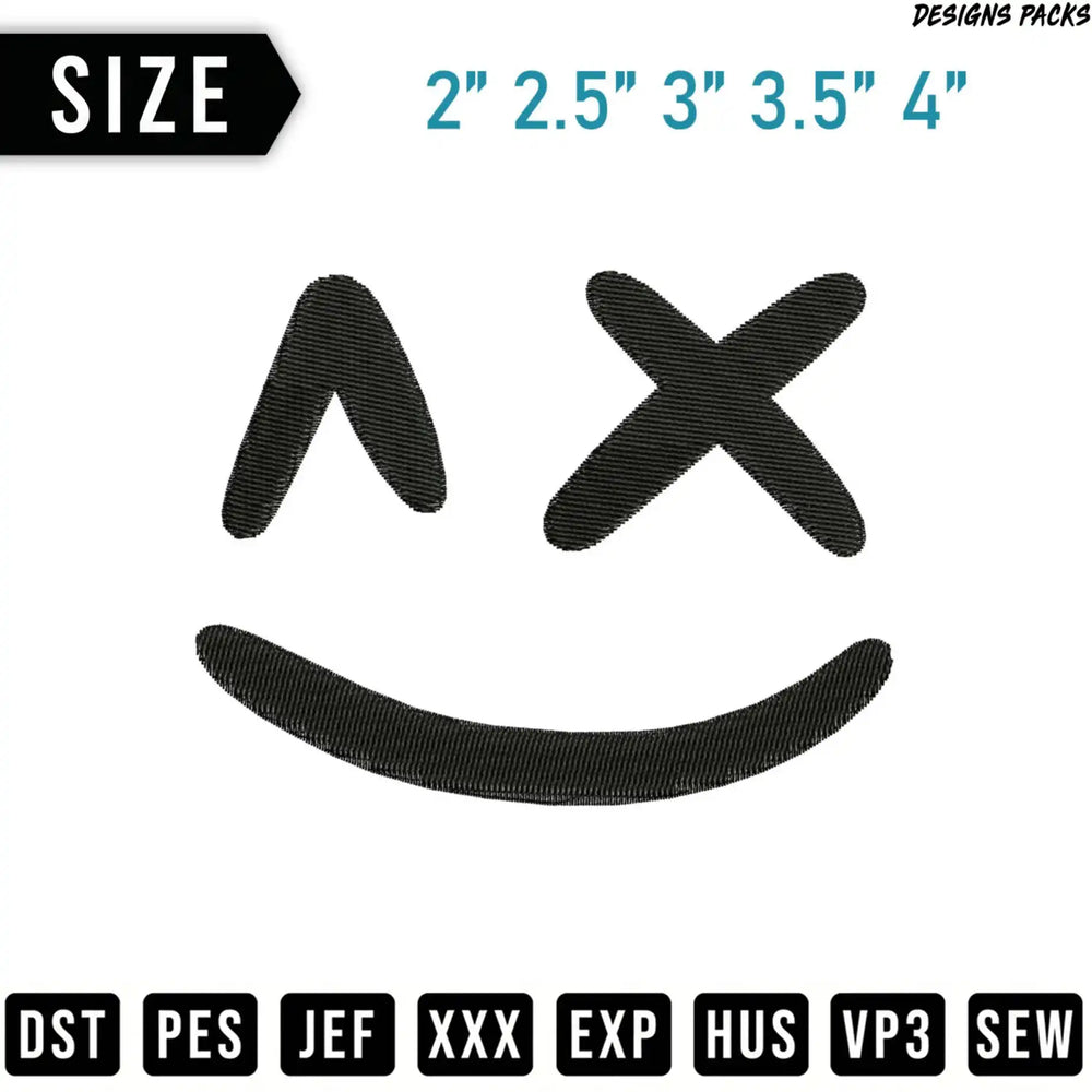 Smiling face with crossed-out eyes embroidery design in multiple sizes.