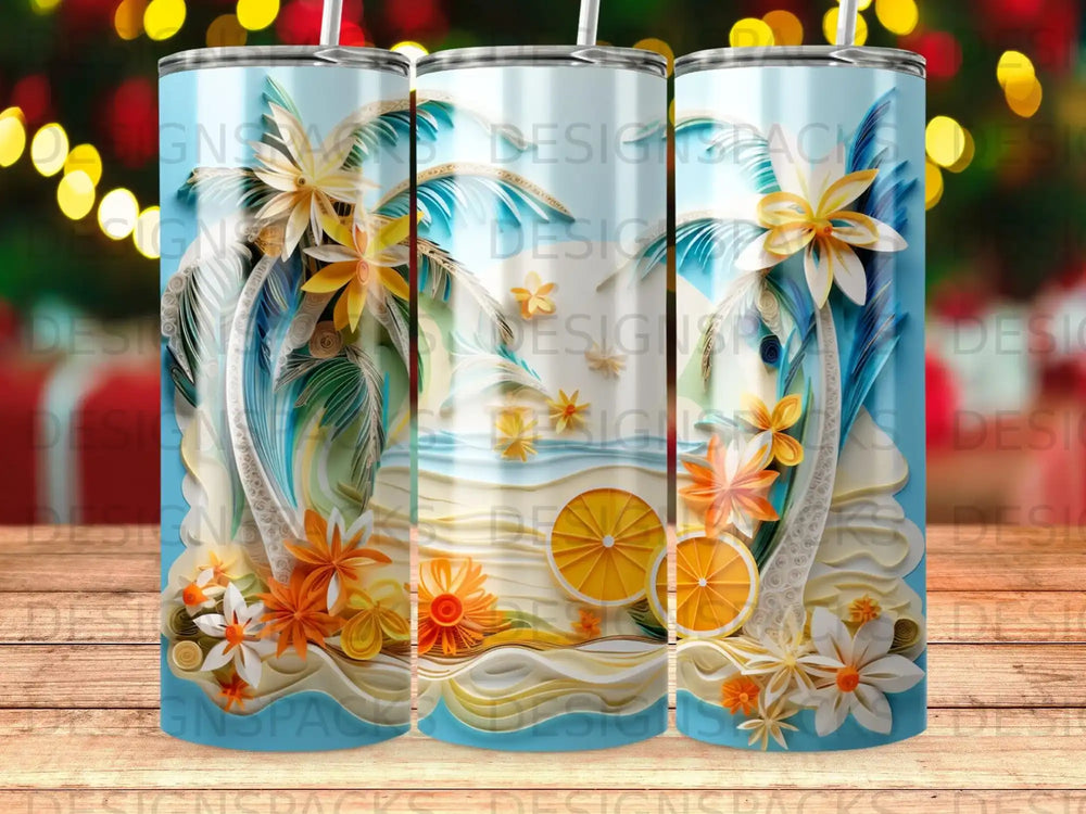 Triptych of tropical beach scenes with palm trees, flowers, and oranges.