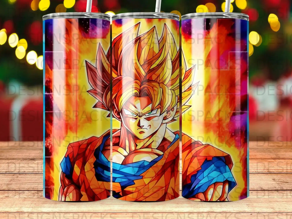 Goku from Dragon Ball Z on a tumbler with bokeh lights in the background.