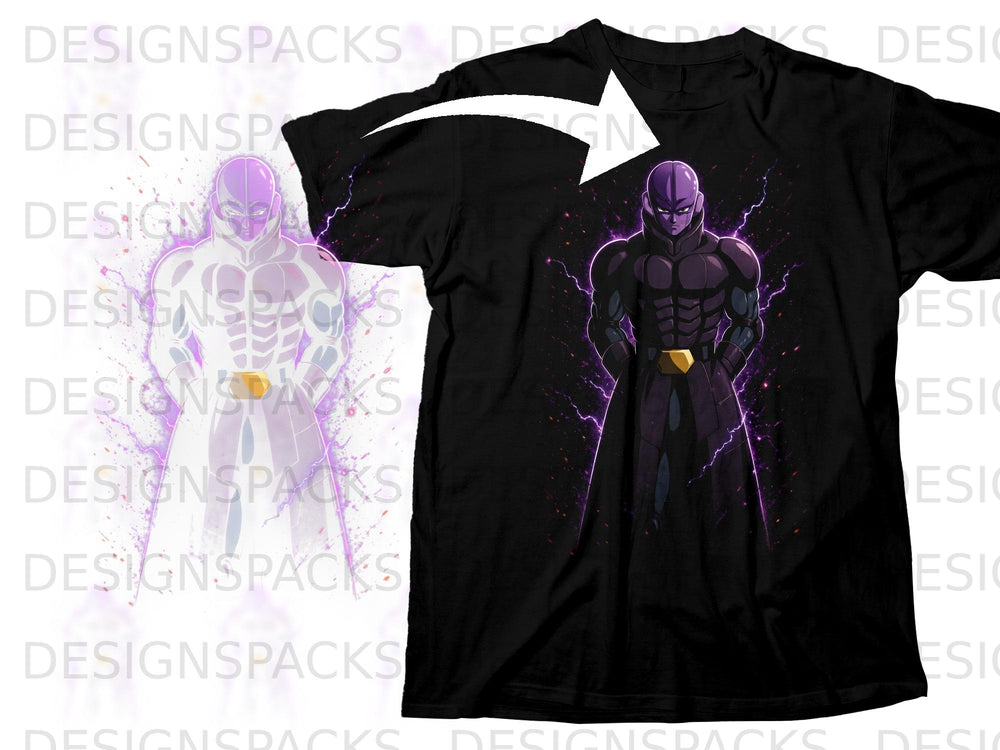 Black t-shirt featuring a purple character with a gold belt and lightning effects.