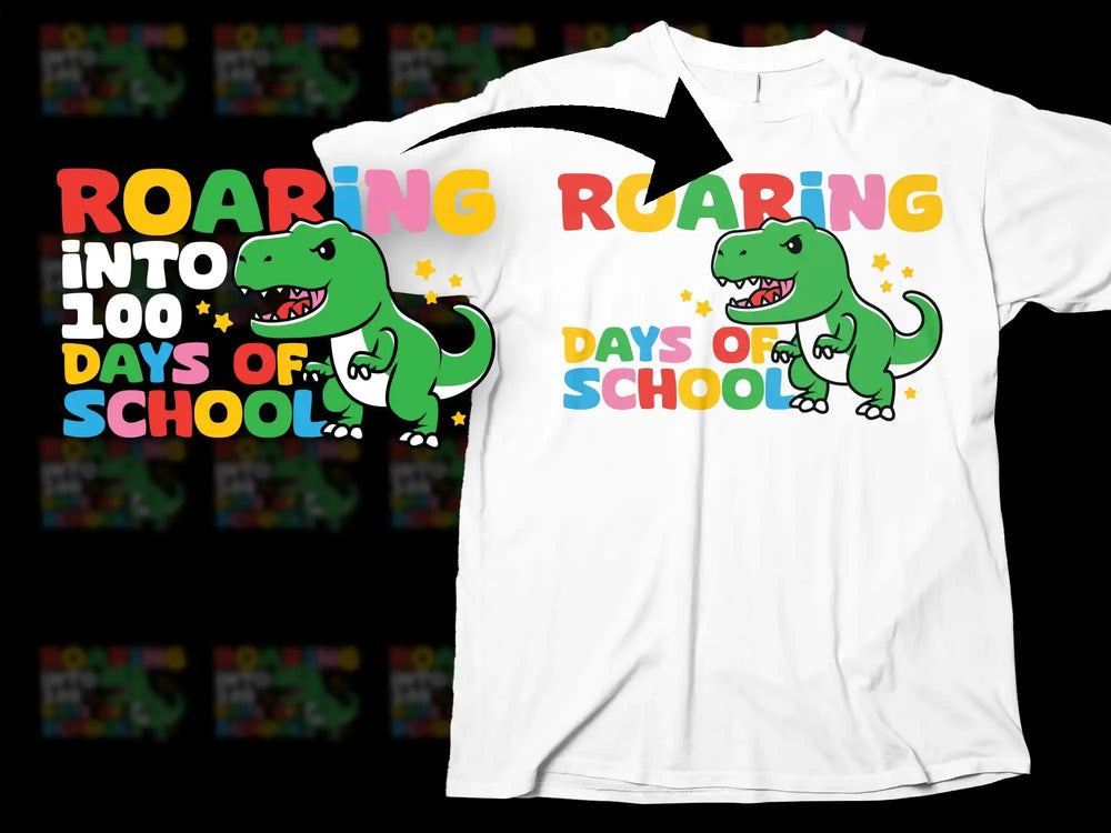 Kids Dinosaur T-Shirt Roaring Into 100 Days of School Celebration Tee Colorful Design for Boys and Girls