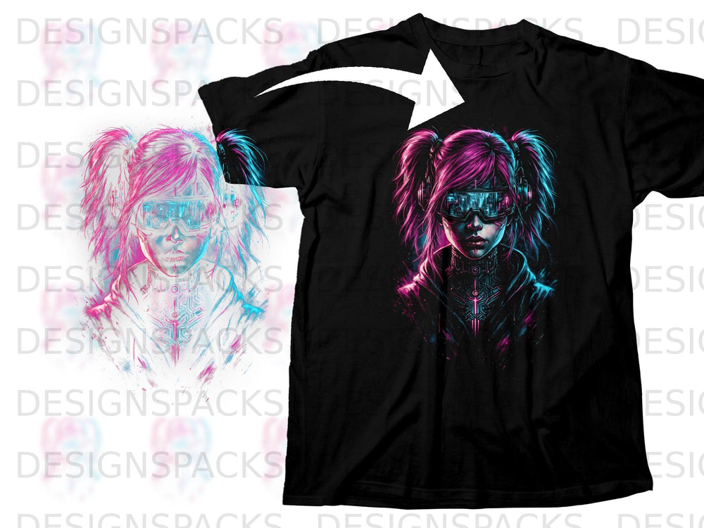 Black t-shirt featuring a digital portrait of a person with pink and blue accents.