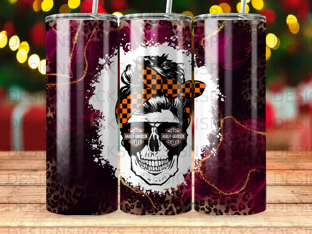 Skull with bandana, leopard print, and Harley-Davidson logos on a tumbler.