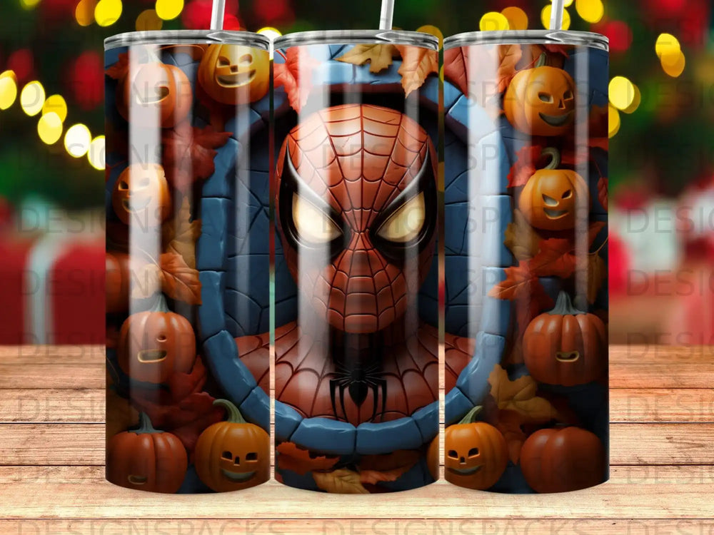 Spiderman and pumpkins on a tumbler.