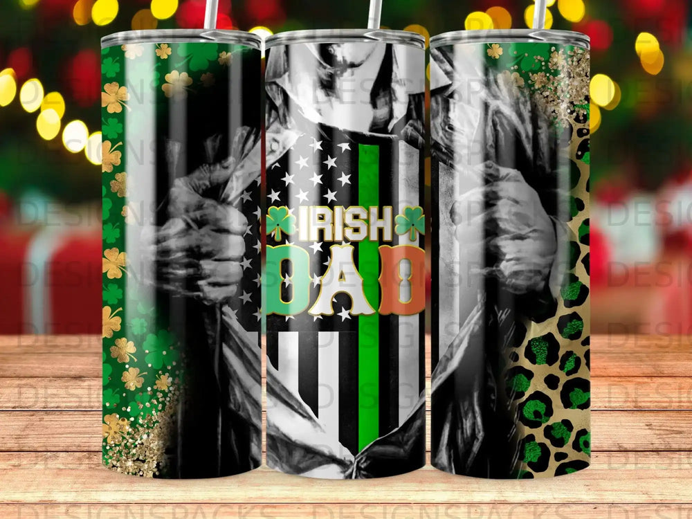 Tumbler with Irish Dad design, American flag, and leopard print.