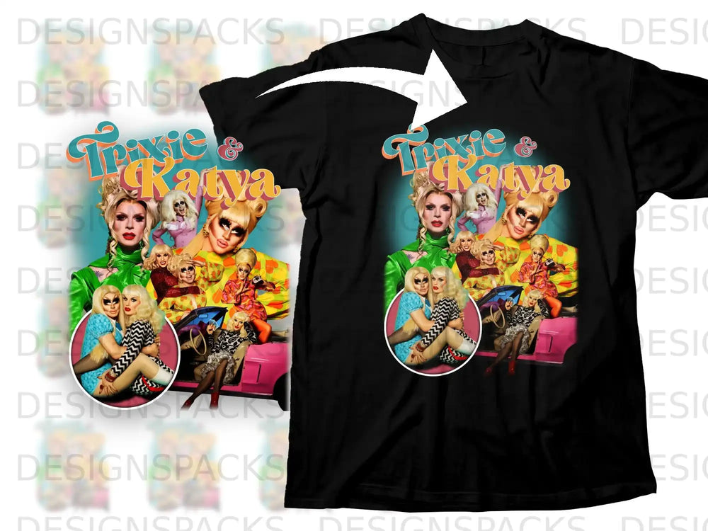Trixie and Katya on a black t-shirt with a pink car.