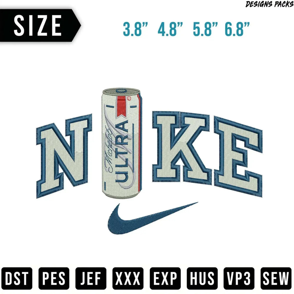 Nike logo embroidery design with Michelob Ultra can and size options.
