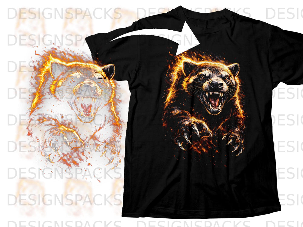 Black t-shirt with a roaring wolf illustration engulfed in flames.