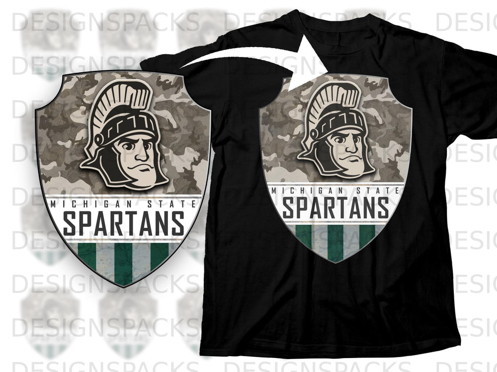 Black t-shirt with a Michigan State Spartans shield logo featuring camouflage.