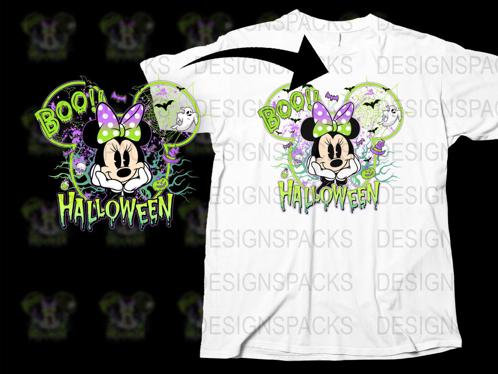 Halloween Minnie Mouse T-Shirt, Boo! Spooky Cute Graphic Tee, Disney Halloween Casual Wear, Purple Green White Colors