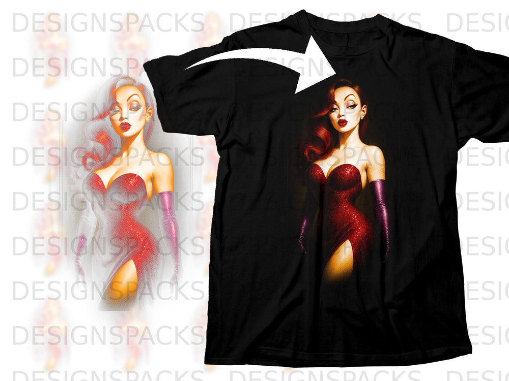 Black t-shirt featuring a sparkly red dress and purple gloves on a cartoon woman.