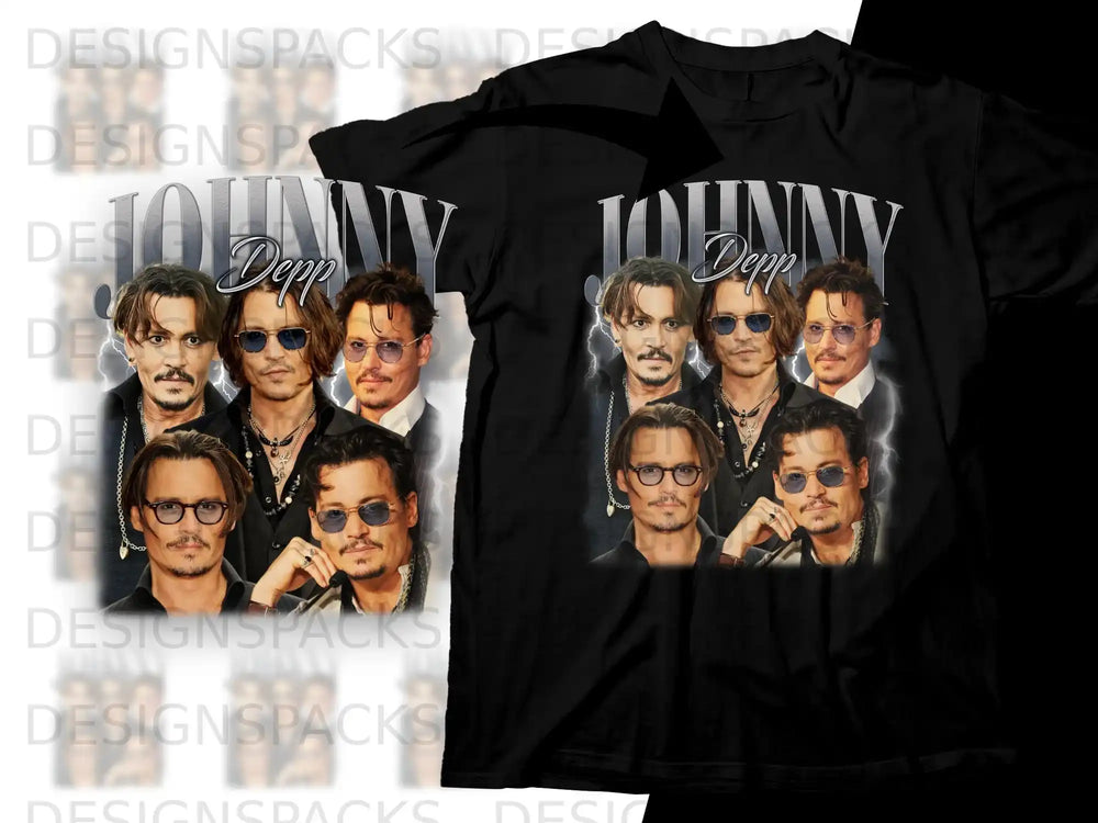 T-shirt with collage of Johnny Depp images, "Johnny Depp" text.