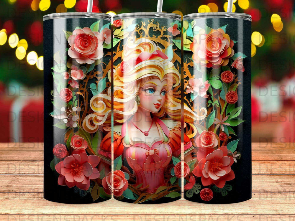 Princess with blonde hair surrounded by red roses and gold foliage.