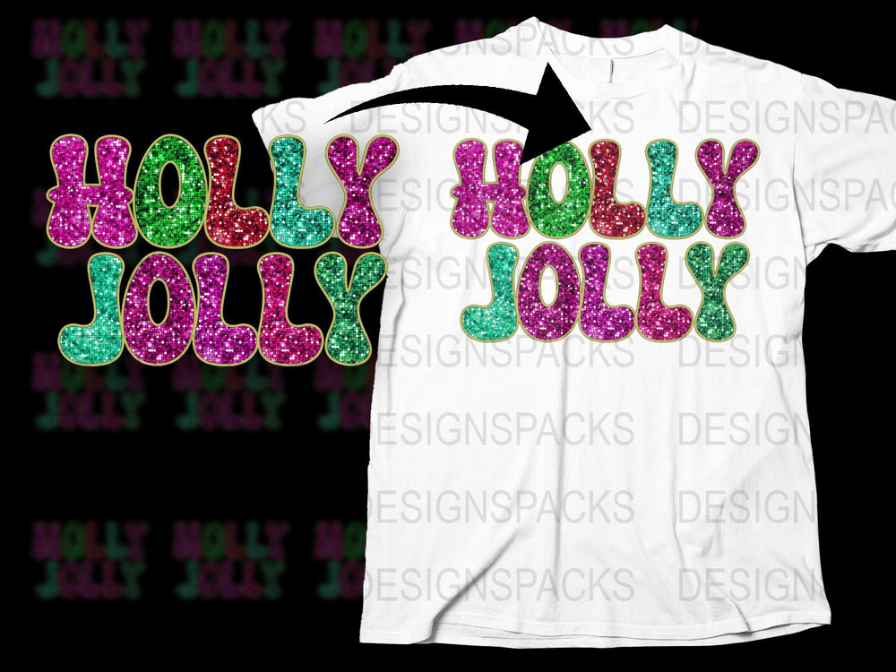 Holly Jolly Glitter Christmas T-Shirt, Festive Holiday Tee, Colorful Sparkle Text, Unisex Winter Apparel, Gift Idea