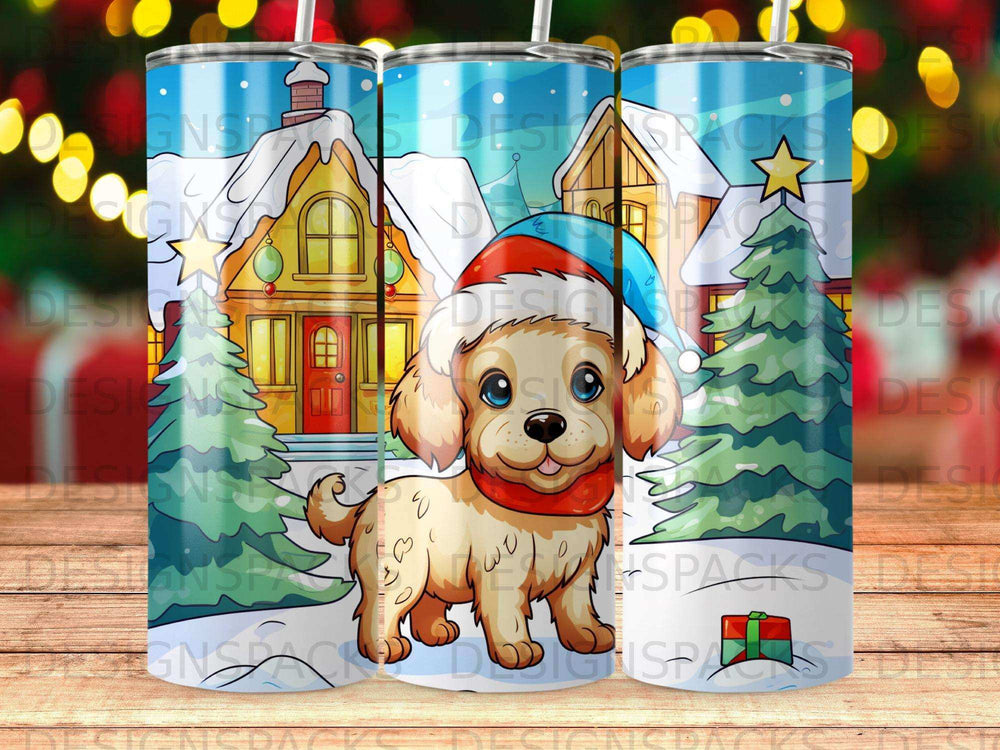 Puppy wearing Santa hat and scarf in snowy village scene.