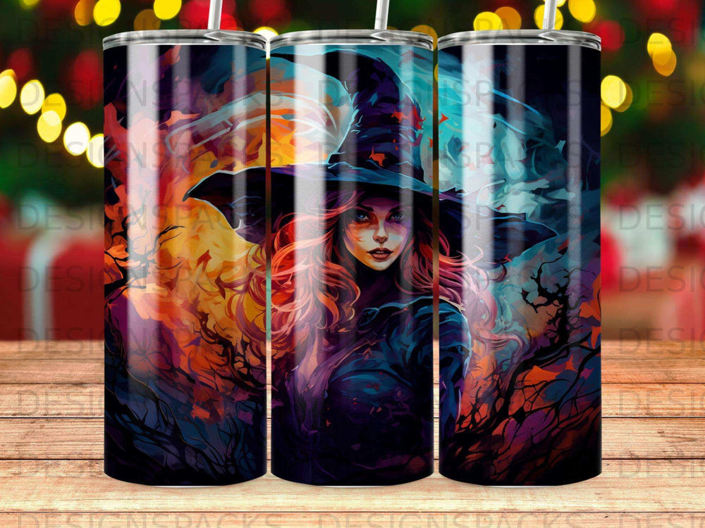 Witch with orange hair and pointed hat, against dark, fiery background.
