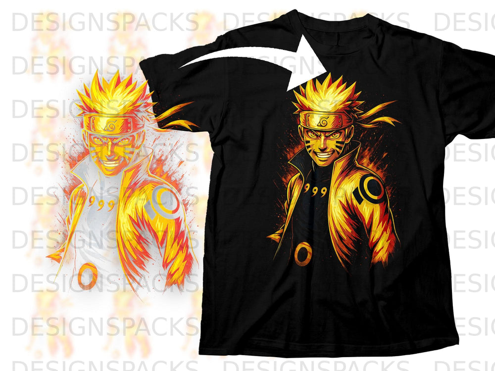 Black t-shirt with a yellow and orange fiery illustration of Naruto Uzumaki.