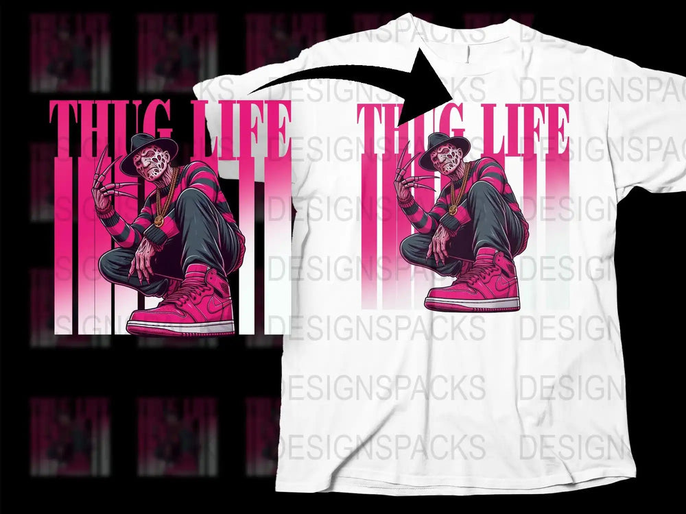 Thug Life Graphic T-Shirt, Pink and White Urban Streetwear Tee, Men's Fashion Bold Printed Shirt, Casual Hip-Hop Clothing