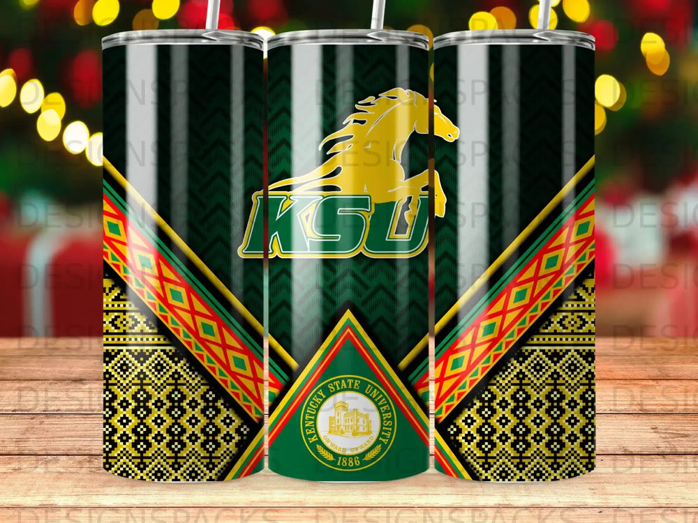 KSU logo with a horse and Kentucky State University seal on a patterned tumbler.