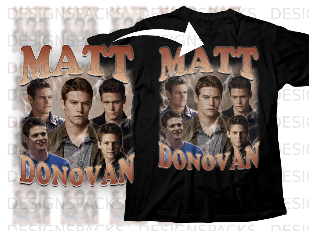 Black t-shirt featuring a collage of Matt Donovan with lightning effects.