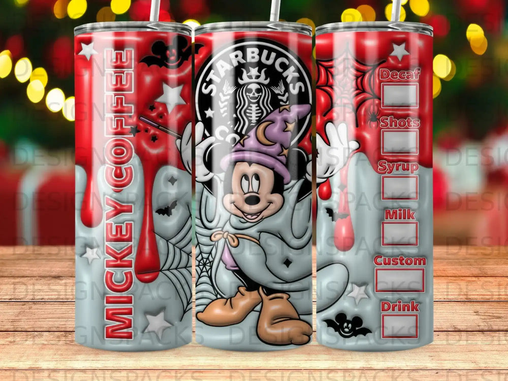Mickey Mouse in a wizard costume with Starbucks logo on a Halloween-themed coffee tumbler.