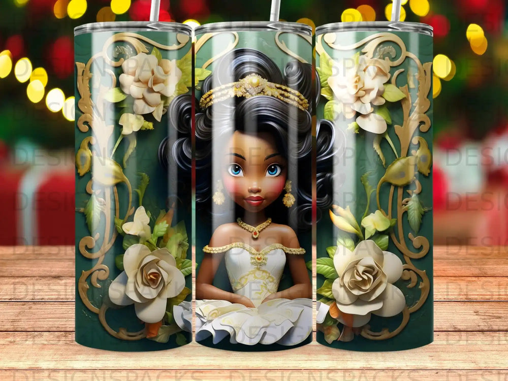Cartoon princess in white dress with ornate gold floral border.