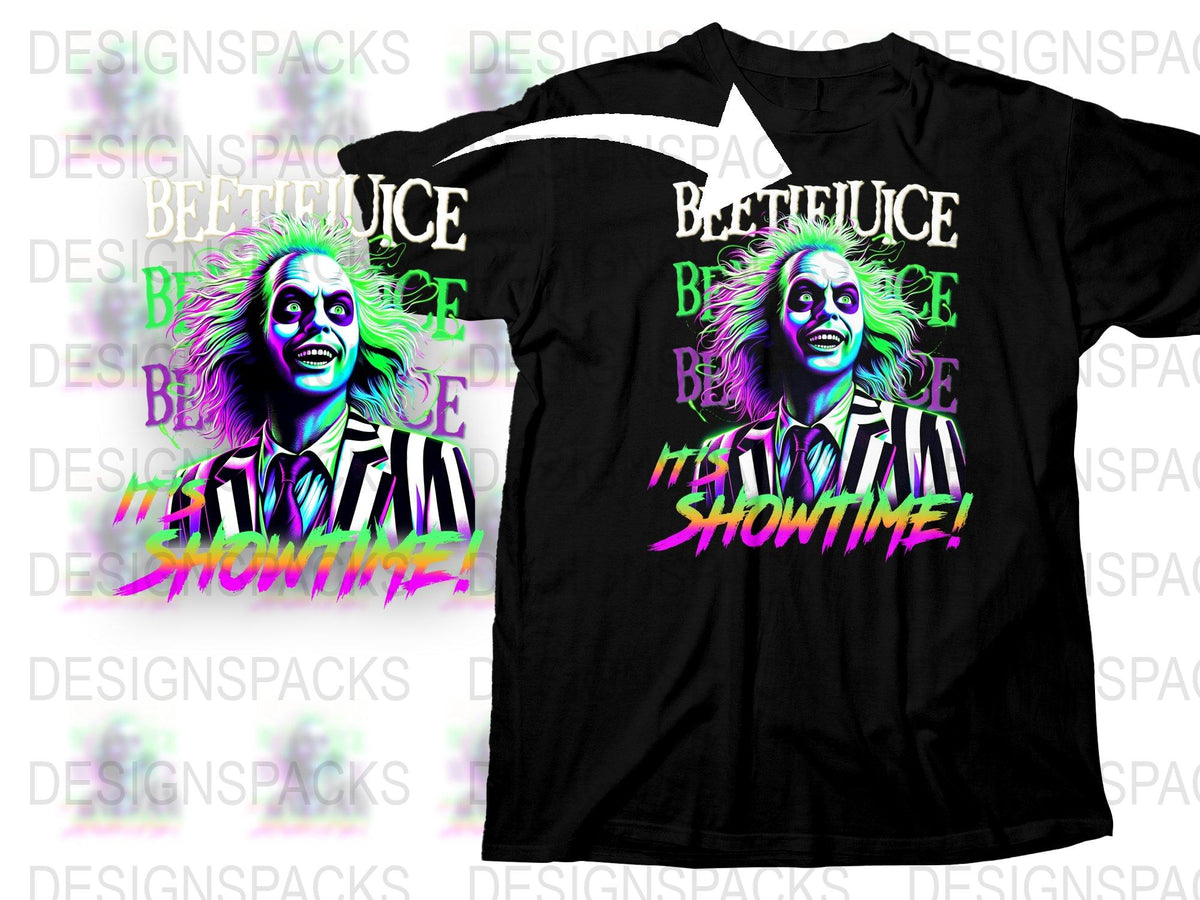 Beetlejuice T-Shirt, Classic Movie Graphic Tee, Vibrant Neon Colors, Showtime Slogan, Unisex Fashion