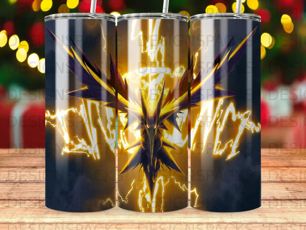 Golden dragon silhouette with lightning strikes, repeated across three tumblers.