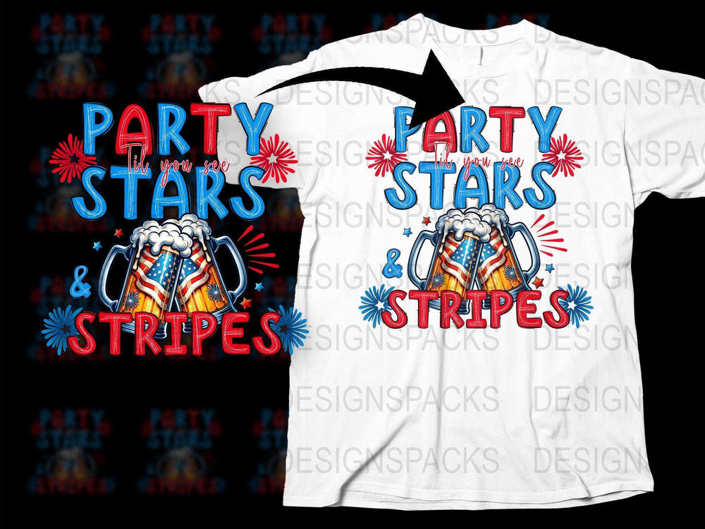Party Stars and Stripes Beer Mugs Graphic T-Shirt, Fun Patriotic Tee, Unisex Adult Clothing