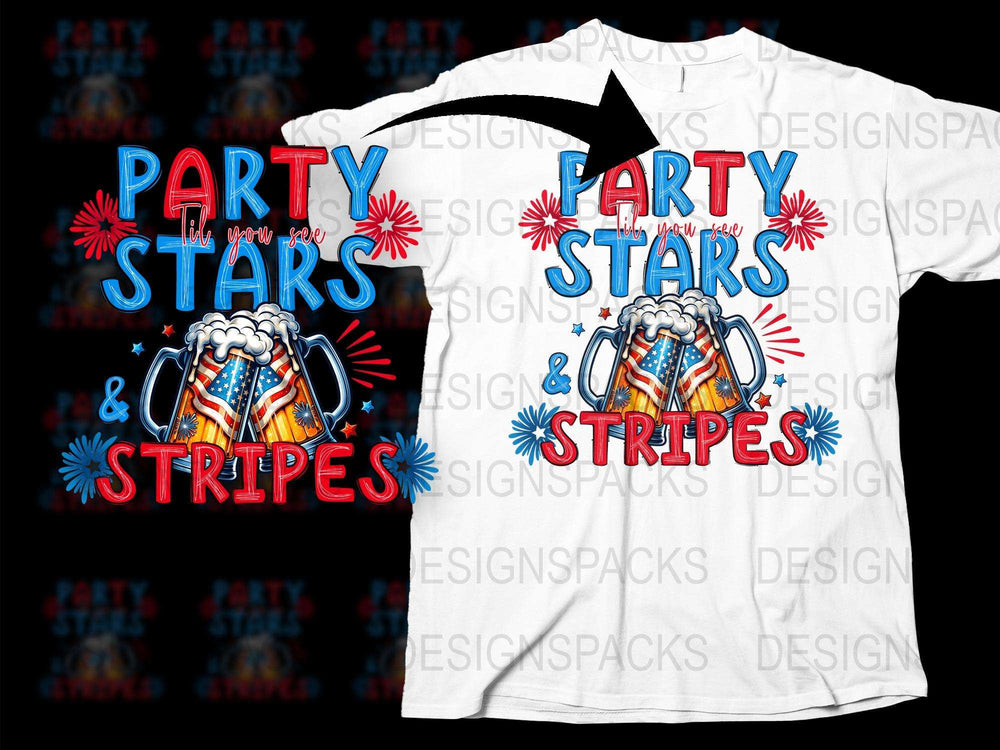Party Stars and Stripes Beer Mugs Graphic T-Shirt, Fun Patriotic Tee, Unisex Adult Clothing