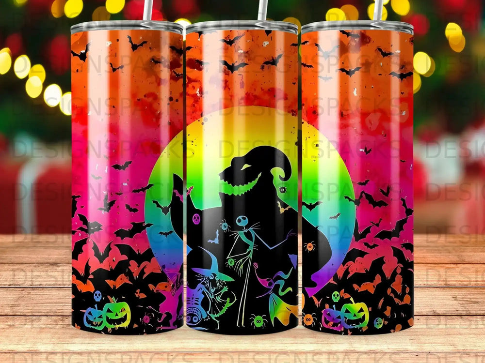 Halloween-themed tumbler with Jack Skellington, pumpkins, and bats.
