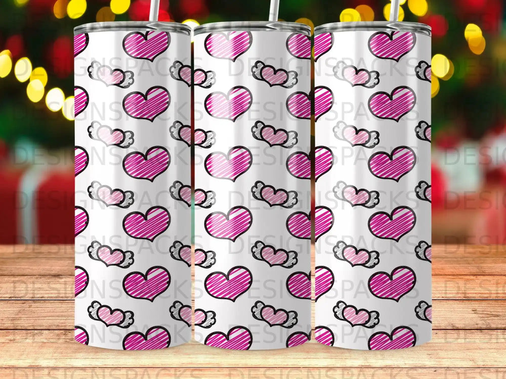 Pink Scribble Hearts Winged Hearts Pattern Tumbler product type