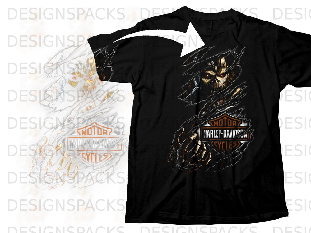 Black t-shirt with a ripped design revealing a skull and Harley-Davidson logo.