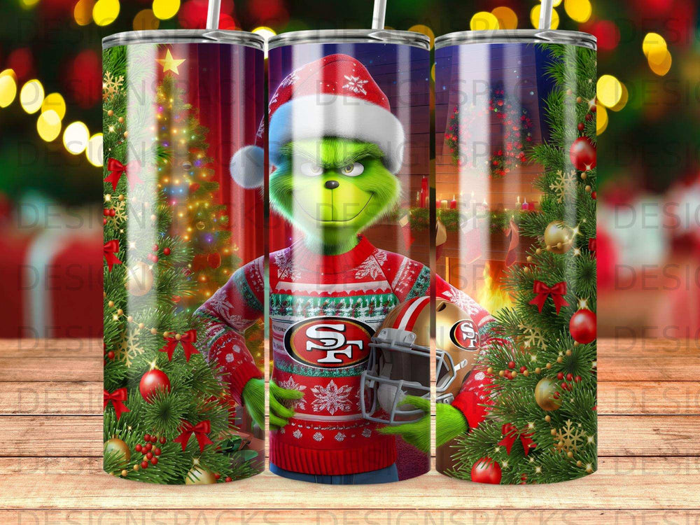 Grinch in a Christmas sweater holds a Steelers helmet, surrounded by holiday decorations.