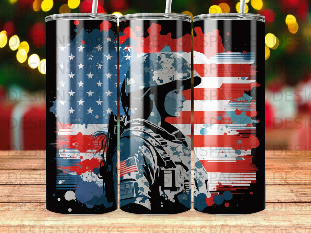 US flag camouflage soldier silhouette on tumbler.