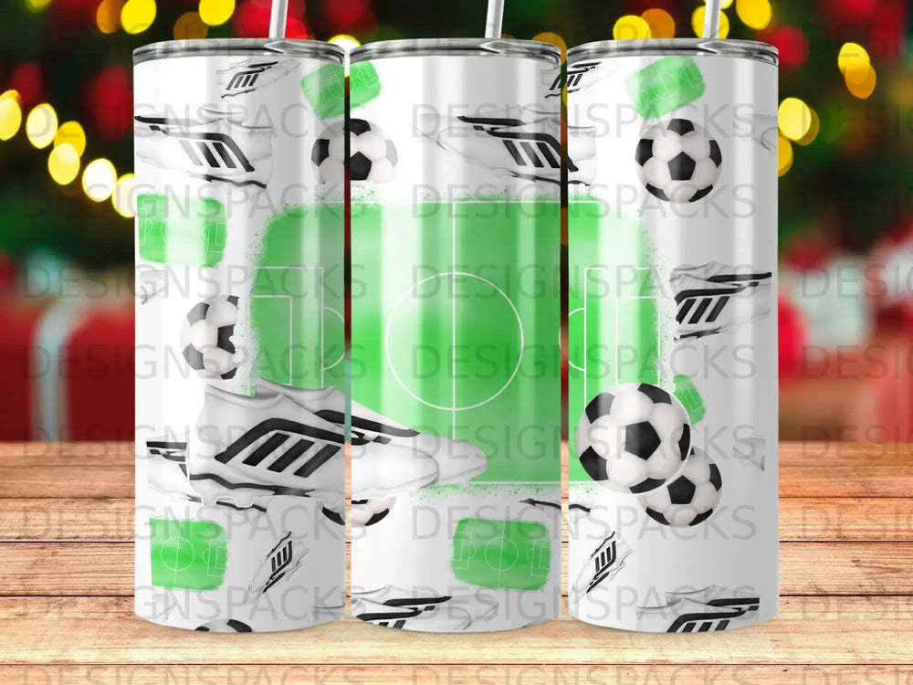 Soccer balls and field pattern on tumblers with "DESIGNSPACKS" repeated.