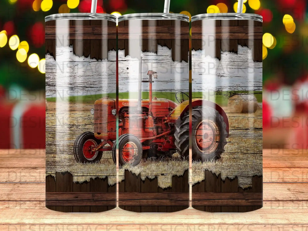 Vintage red Case tractor in a field with wooden frame design.