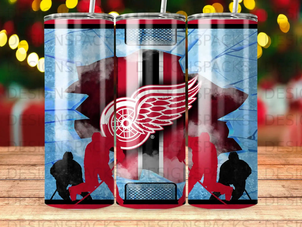 Detroit Red Wings logo with hockey players and net on a tumbler design.