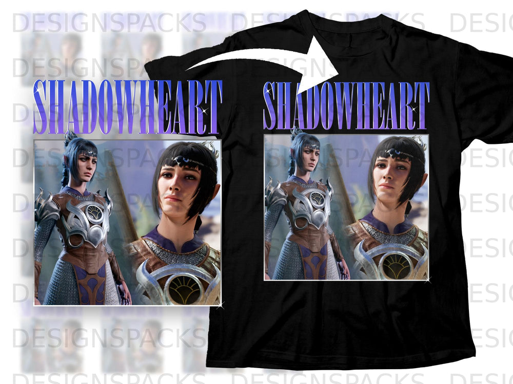 Black t-shirt with "SHADOWHEART" text and two character portraits.