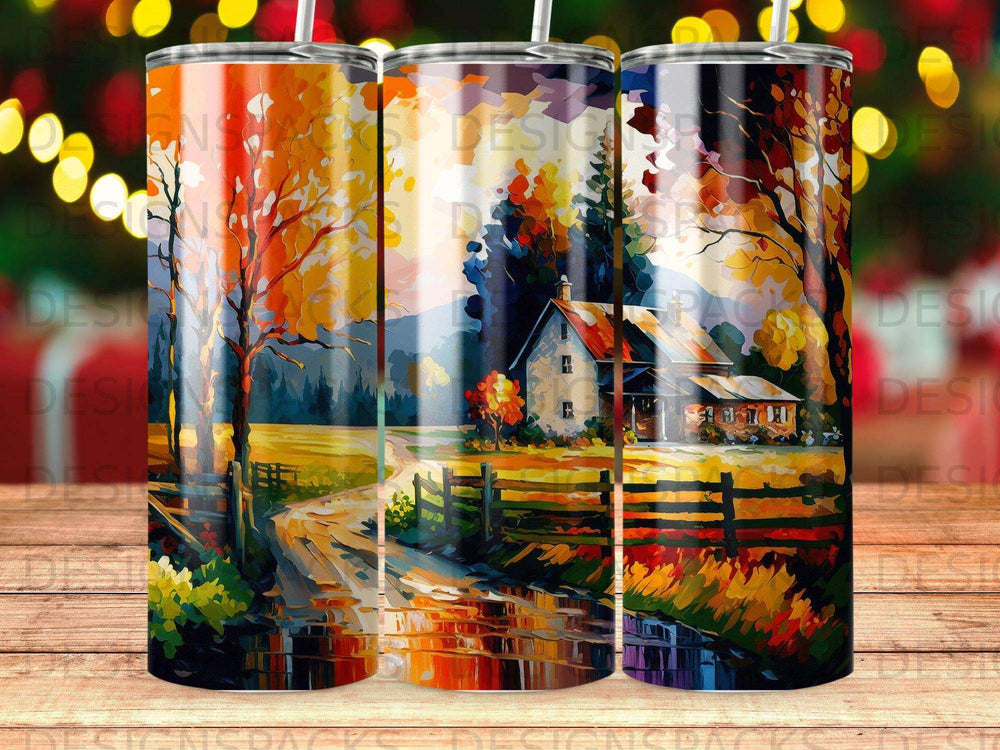 Autumn landscape with a house, fence, and colorful trees reflected in water.
