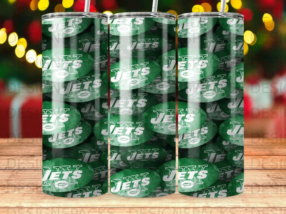 New York Jets logo repeating pattern on a green and white tumbler.